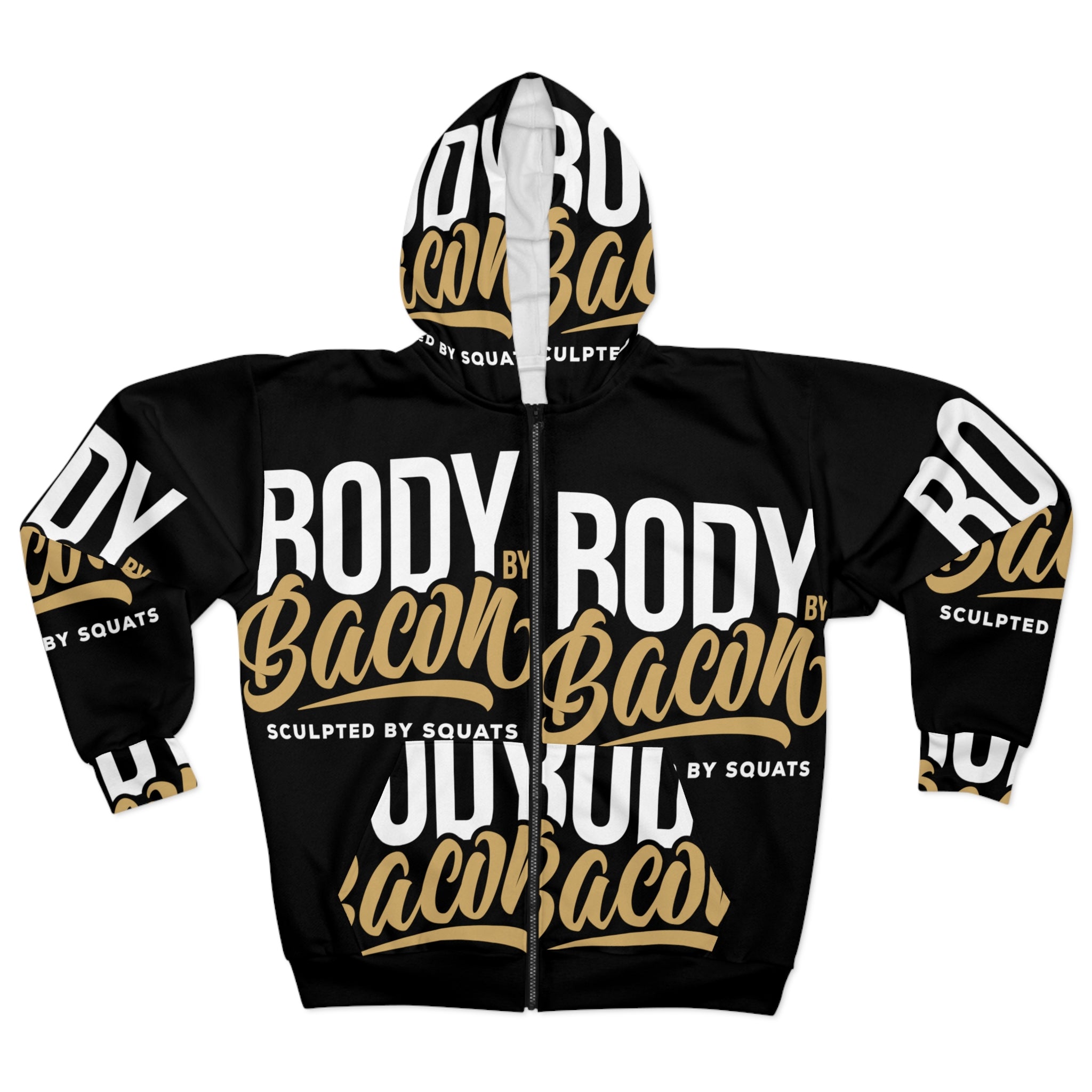 "Body by Bacon, Sculpted by Squats" Unisex Zip Hoodie (AOP)