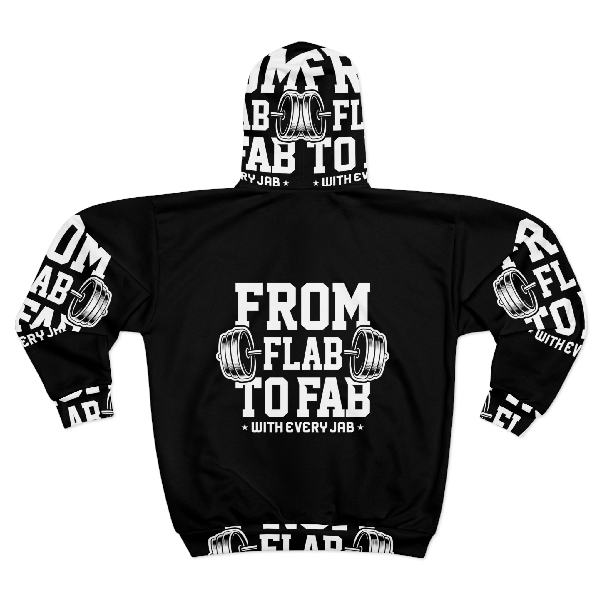 "From Flab to Fab - With Every Jab" Unisex Zip Hoodie (AOP)